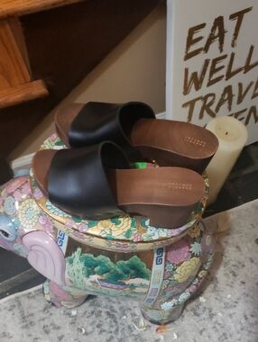 Barneys New York Black Leather Wooden Platform Clogs